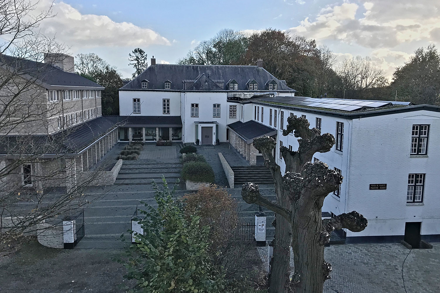 Afgelopen week de lindebomen langs de oprit geknot. Hier een foto van ons huis tijdens het werk gemaakt.